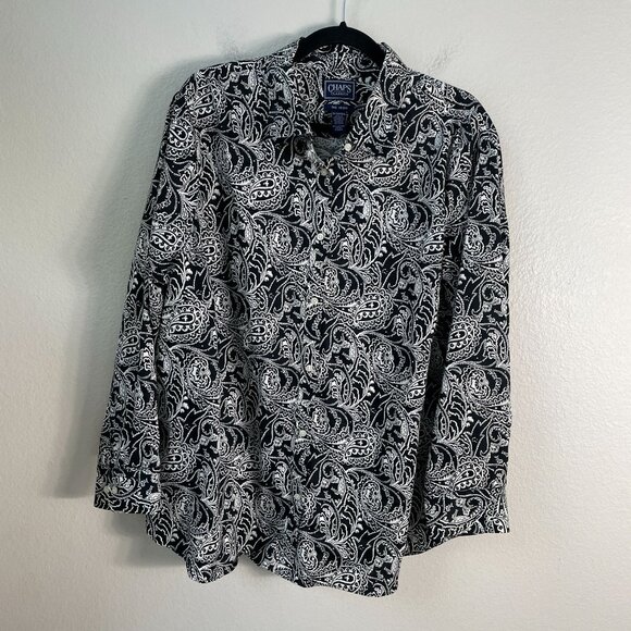 Chaps Classics Womens Plus 3X Black White Paisley No Iron Button Up Shirt Blouse - Picture 5 of 8